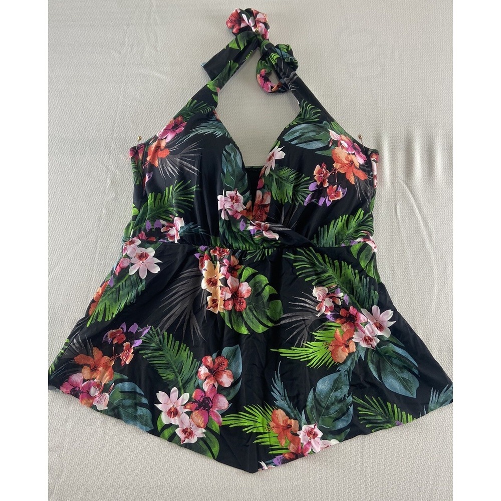 W SWIM Floral Tropical Tankini Top Womens Med Padded‎ Bra Black/Pink Halter